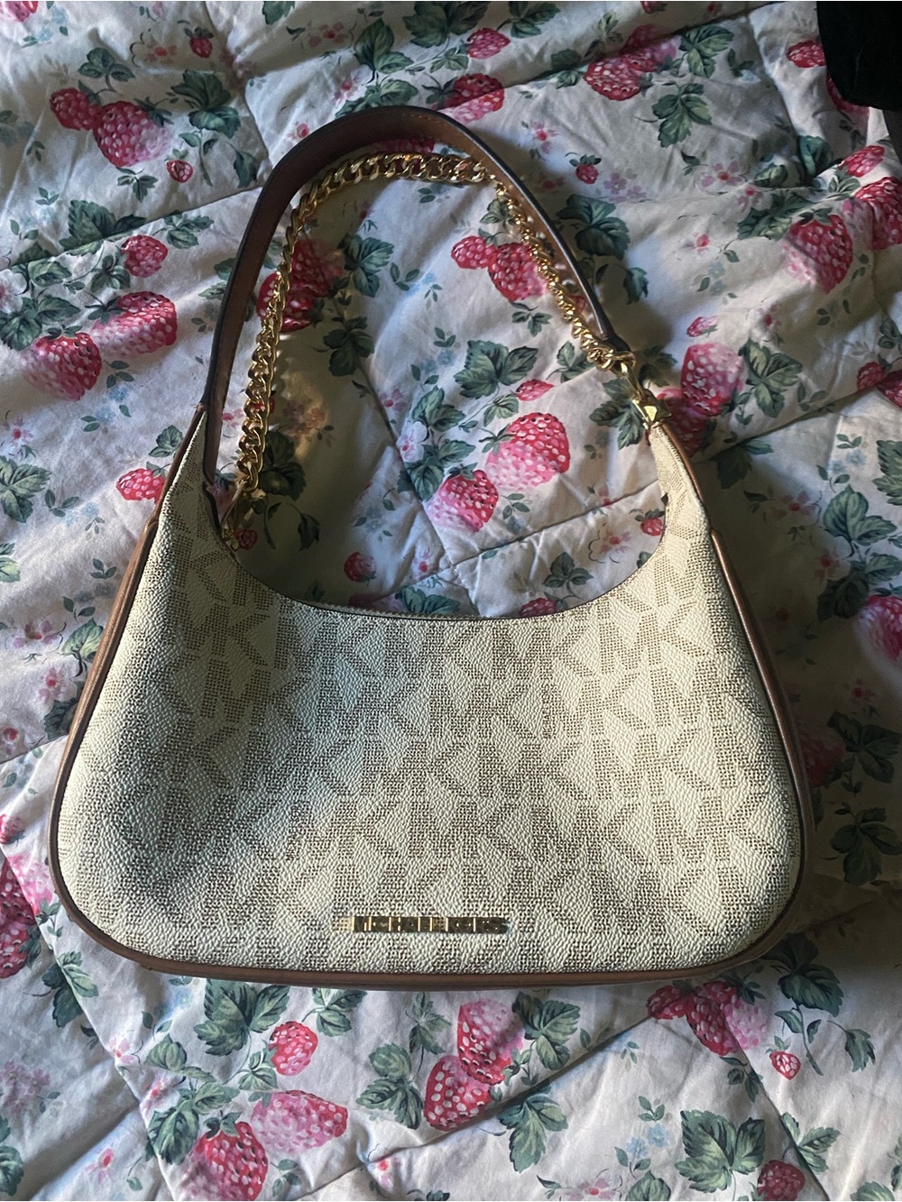 Michael Kors Cream Logo Shoulder Bag with Gold Chain